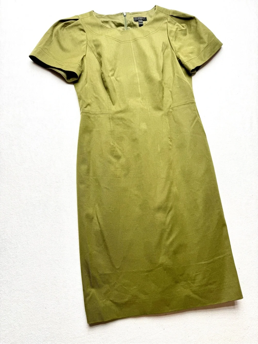 J. Crew Olive Puff-Sleeve Midi Sheath Dress